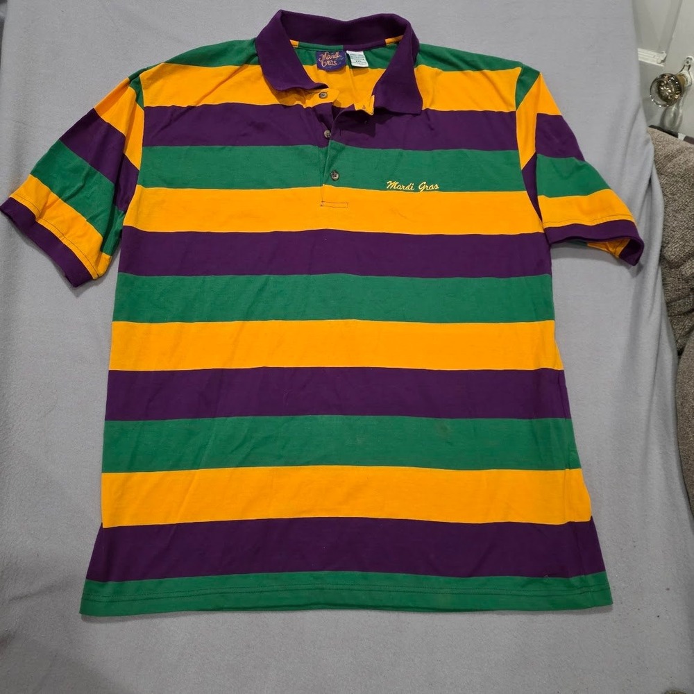 Mardi Gras Polo Shirt Mens XXL Purple Green Gold Striped New Orleans Vintage XXL